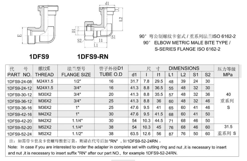 90 Elbow S Series Flange Tube Fitting Flange Adapter (1DFS9)