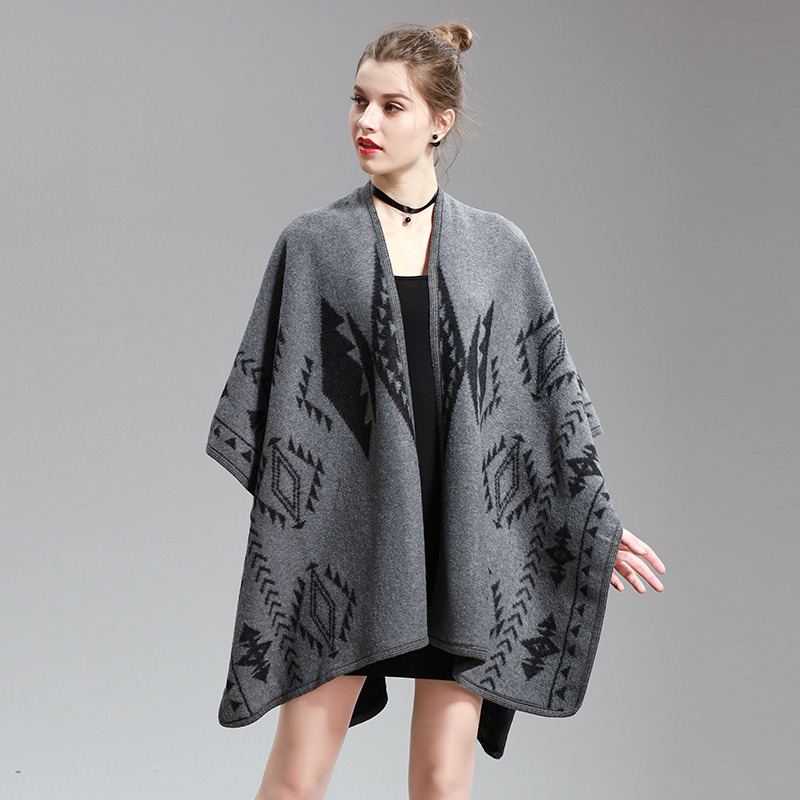 Womens Cashmere Feel Diamond Geometry Printing Cape Stole Poncho Shawl (SP294)