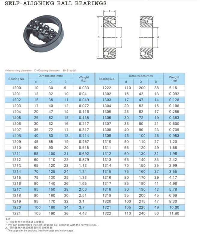 Stainless Steel Self-Aligning Ball Bearing 108 126 127 129 1200 1201 1202 1203 1203k