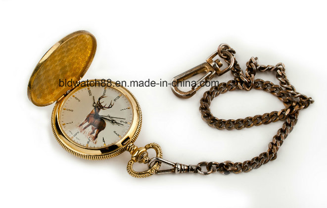 Hot Sale Engraved Gold Quartz Pocket Watch with Chain