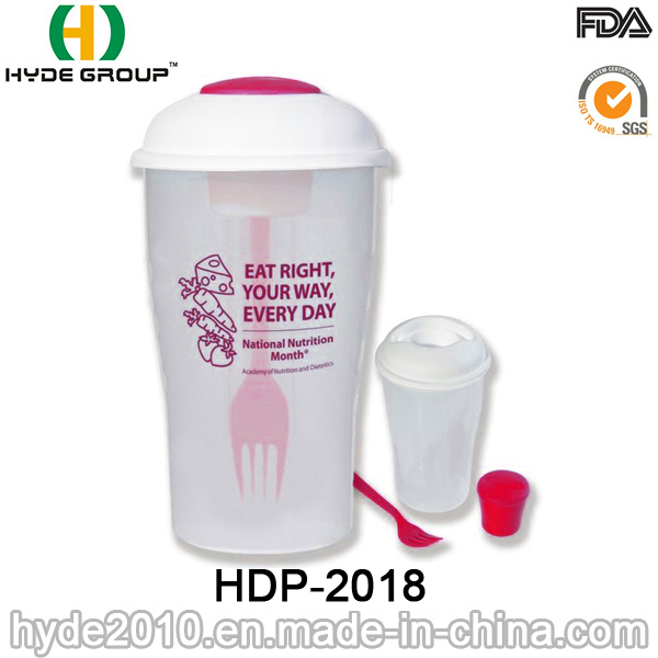 Practical Plastic Salad Container with Fork and Dressing Cup (HDP-2018)