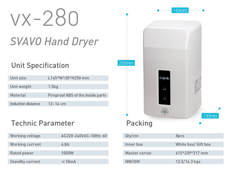 Vx280 Hotel Supply Automatic Hand Dryer AC220V