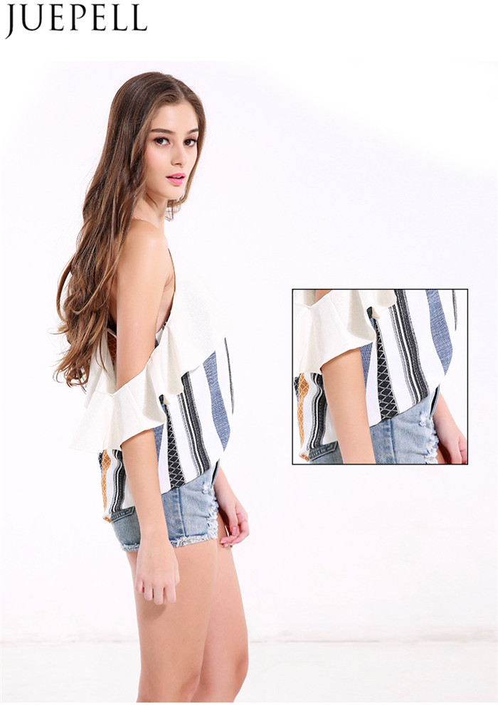 Women Sexy Deep V Flouncing Sleeve Striped Straps Strapless Tops Wild Women Small Shirt Blouse