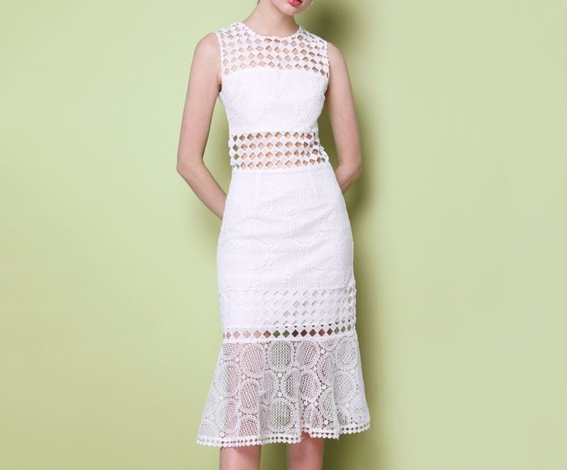 Pure White Long Couture Geometrical Pattern Fishtail Ladies Dress