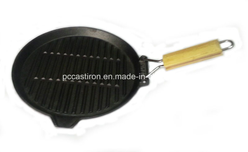 Preseasoned Cast Iron Grill Pan with Wooden Handle