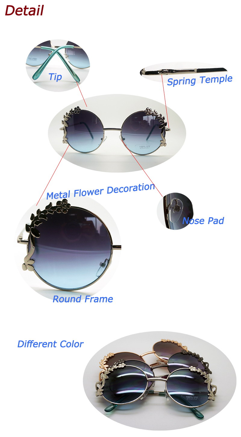 Special Design Sunglasses with Flower Decoration Round Frame Sunglasses (30388)