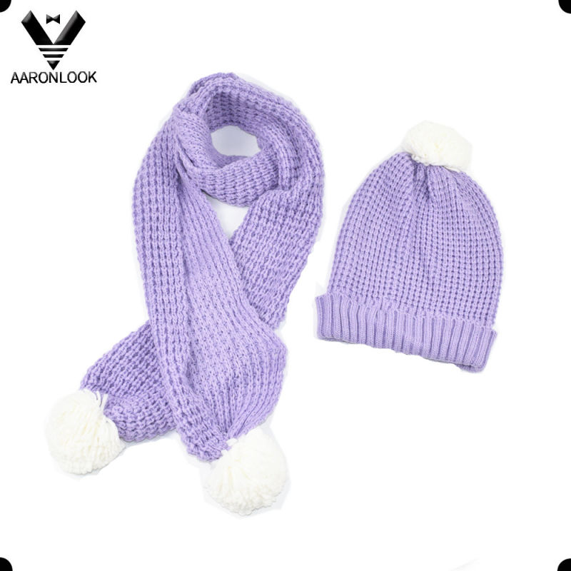 Winter Knitted Scarf and Hat with Pompom