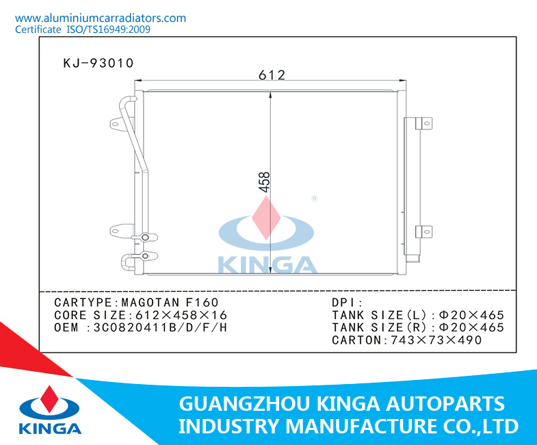 Hight Quality A/C Condenser for Magotan F160 OEM 3c08204118b/D/F/H