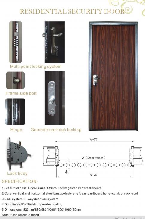 Galvanized Steel Frame Flat Exterior Security Steel Residential Metal Door