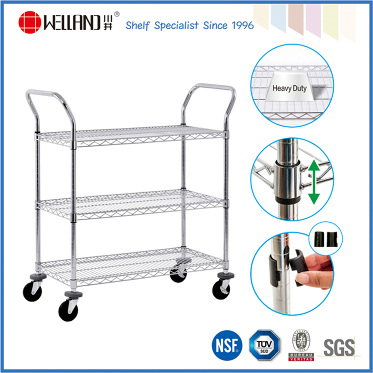 Adjustable Heavy Duty Chrome Metal Storage Wire Shelving Trolley, NSF Approval