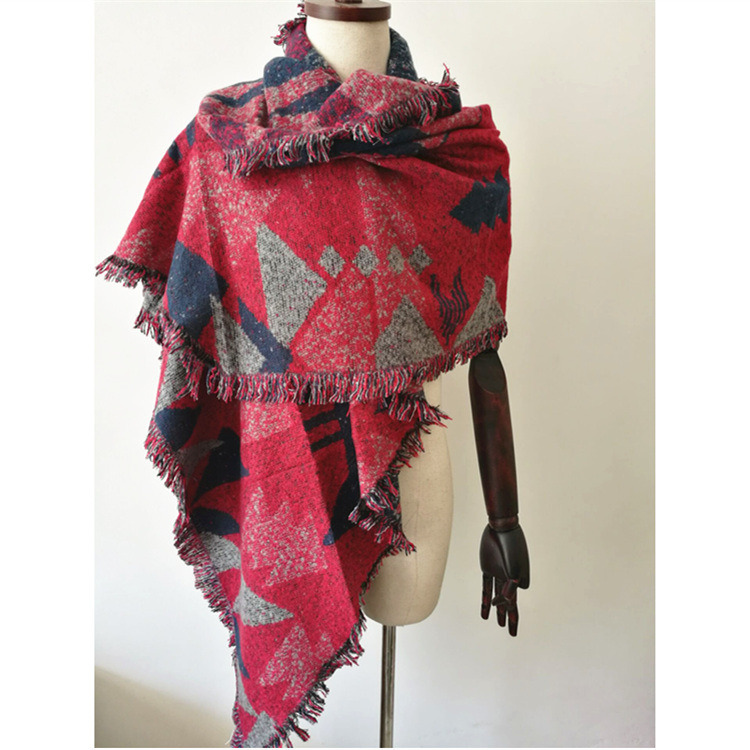 Women's Cashmere Like Knitted Winter Heavy Triangle Geometry Printing Shawl Scarf (SP300)