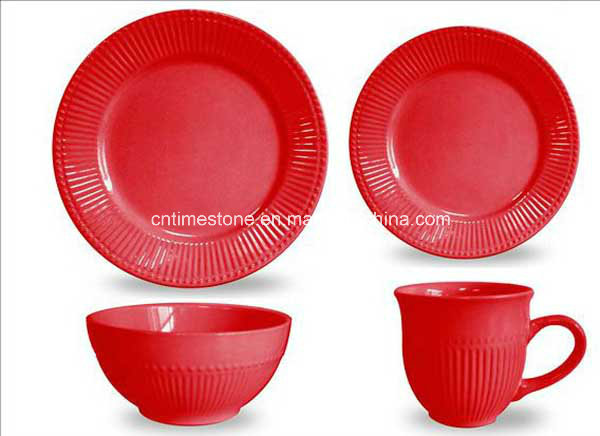 16PCS Ceramic Red Color Embossed Dinner Set