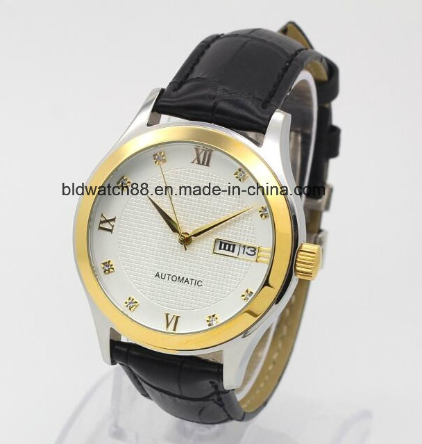 Automatic Watch 5ATM Leather Band Gold Wrist Watches for Men Dress