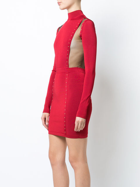 High Standard Red Long Sleeve High Neck Beading Bandage Dress