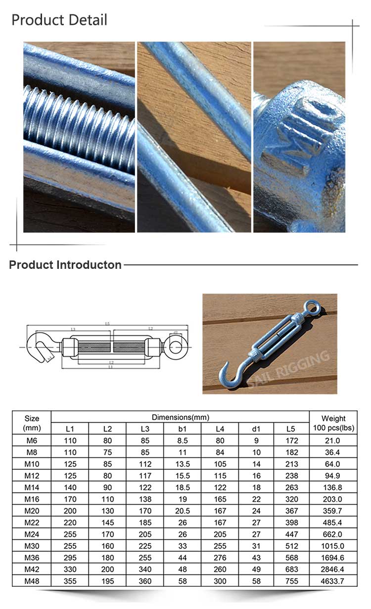 Drop Forged Galvanized Standard DIN1480 Turnbuckle with Hook and Eye