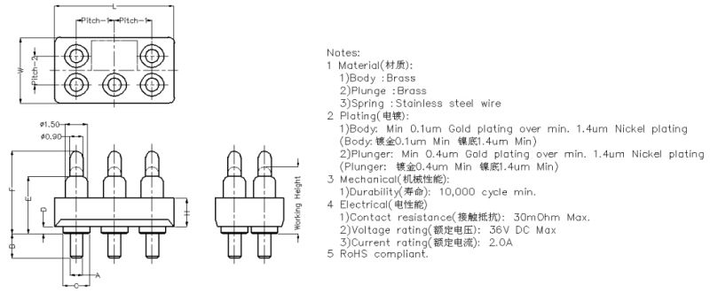 5 Pin Double Row Brass Pogo Pin Connector with Spring