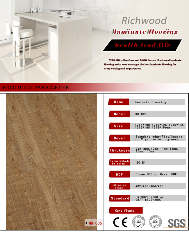 Maple Oak Walnut V-Grooved Waterproof Laminate Wood Flooring