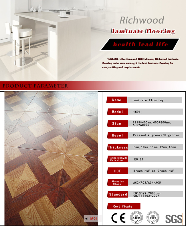 12.3mm Embossed Laminated Parquet Cherry Vinyl Waxed Edged Laminate Floor