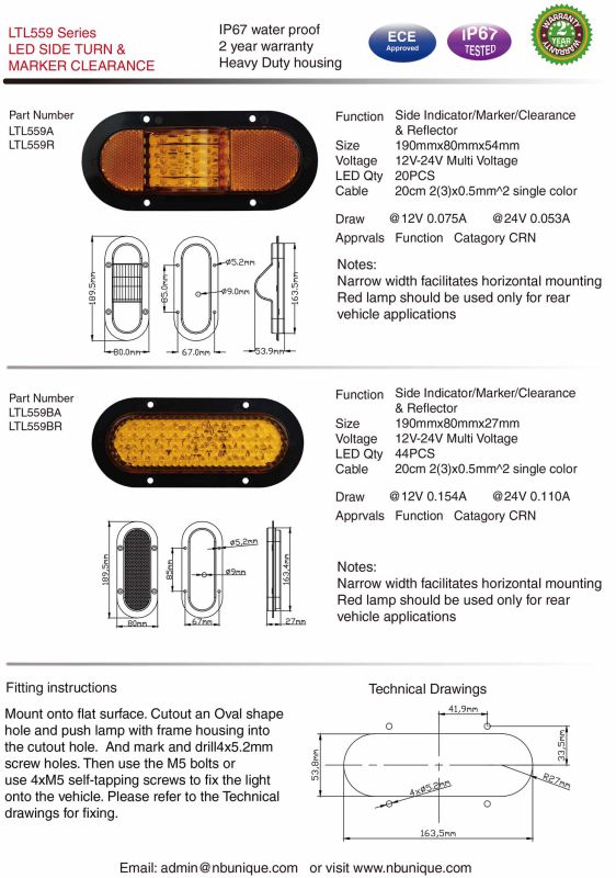 6inch Oval Side & MID Turn/Marker Light for Heavy Duty Truck and Trailer