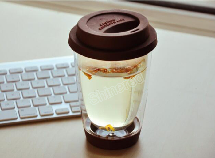 Hand Made Double Wall Portable Coffee Tea Cup with Silicon Rubber and Lid