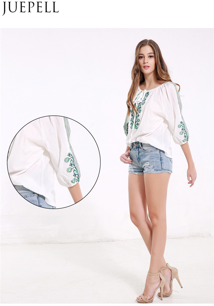 Summer New Women Strap Pleated Sleeve Shirt Embroidered Retro Big Yards Loose Shirt T-Shirt Blouse