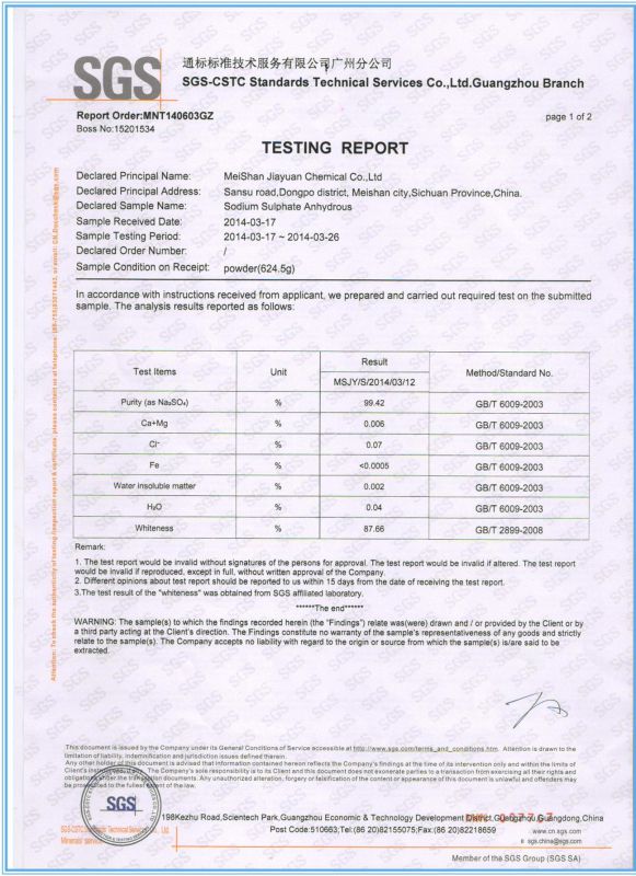 High Quality Sodium Sulphate Anhydrous/Ssa 99%Min Purity