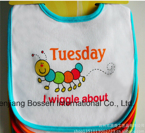 OEM Produce Cartoon Customized Logo Printed White Cheap Cotton Terry Baby Feeder Apron Bibs