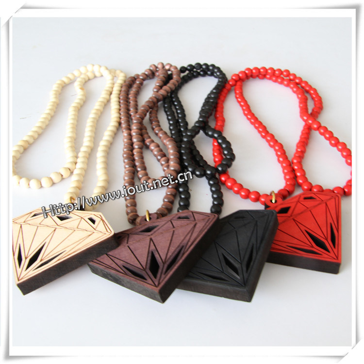 Black Wooden Crown Pendant with a 36 Inch Wood Beaded Necklace Excellent Quality Chain (IO-wn032)