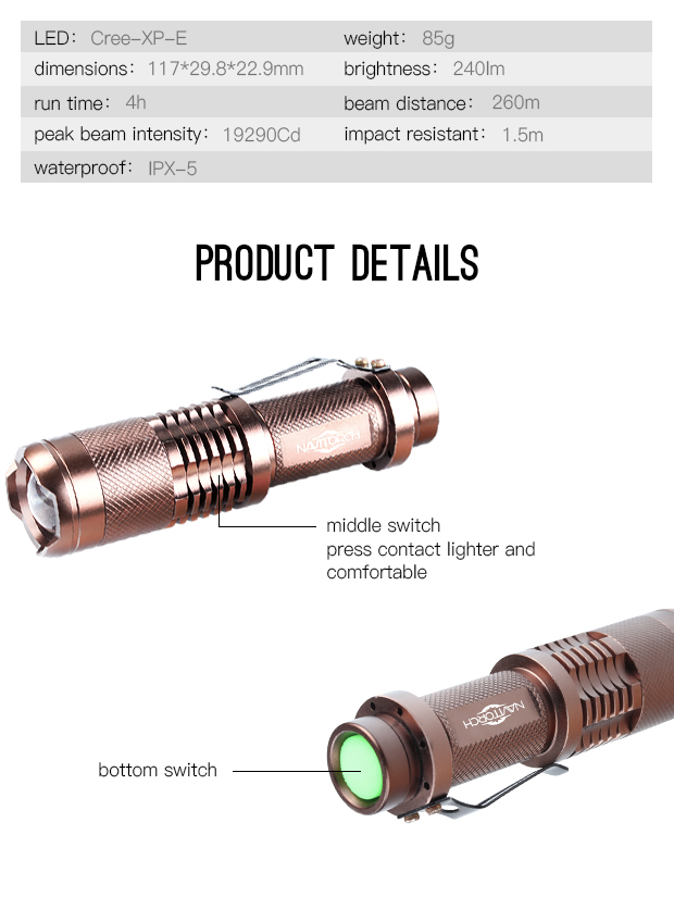 CREE XP-E LED 3 Modes Bottom Switch Flashlight (NK-628)