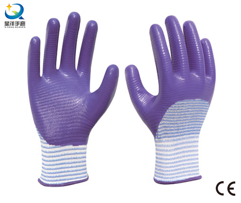 13G Polyester Zebra-Stripe, Natrile Half Coated Glove Labor Protective Safety Work Gloves (N6042)