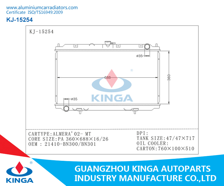 2017 Reasonable Price for Nissan Almera'02 Radiator 21410-Bn300/Bn301 Tubular Radiator