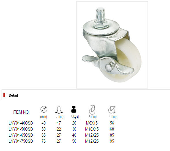 Light Duty Caster Series - Threaded Fork W/ Side Brake - PP