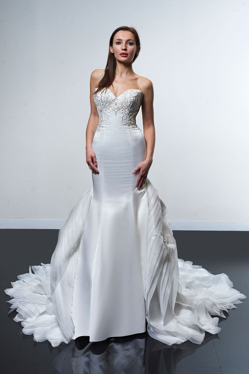 Strapless Bodice Accented with Intricate Beading Wedding Dress with Flare Skirt of Structured Layered Train