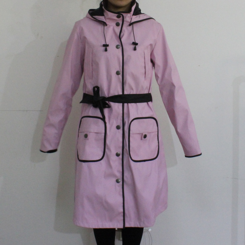 Pink Solid Hooded Waterproof PU Raincoat