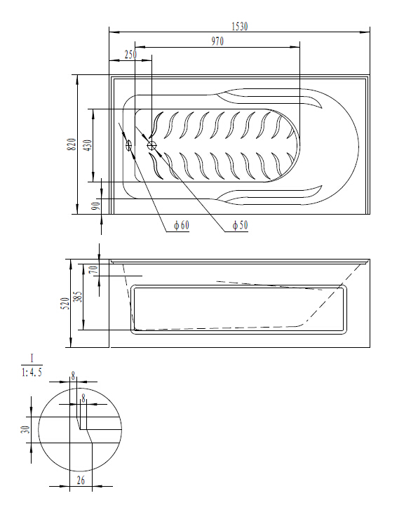 Popular Simple Bathroom Design Built-in Bathtub with No-Slipping Bottom