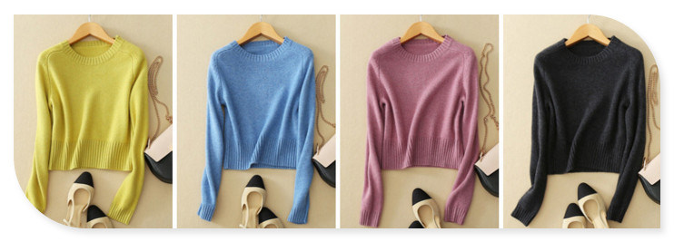 Ladies' Slim Fit Sweater Short Pure Cashmere Top Pullover with Crew Neck and Long Sleeves