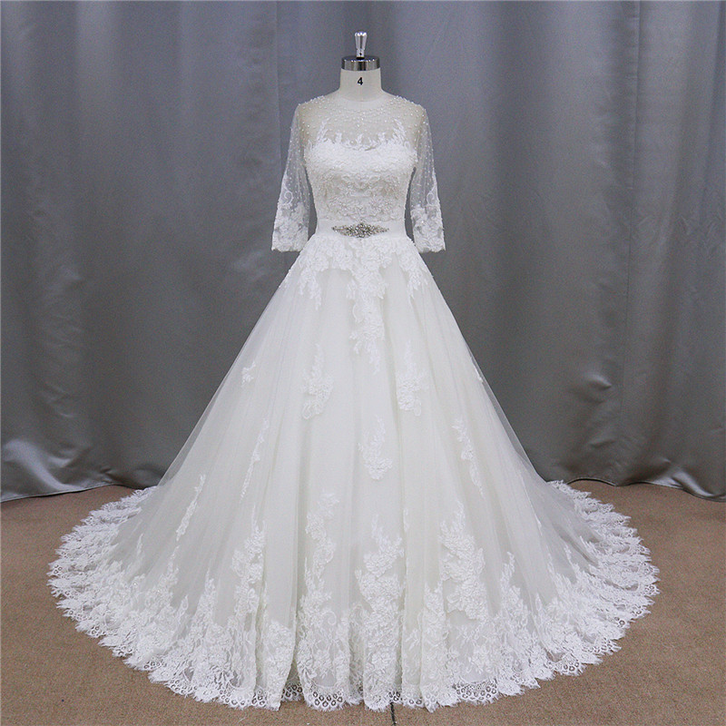 A-Line Lace Beading 3/4 Sleeves Bride Dress