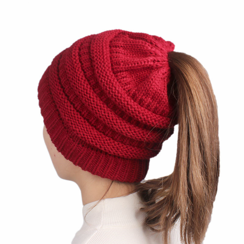 Women's Soft Stretch Cable Knitted Messy High Bun Ponytail Cap Beanie Hat (HW131)