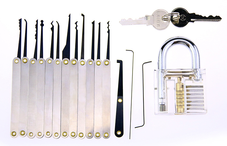 Transparent Practice Padlock with 15PCS Metal Handle Lockpicking Tools (Combo 3)