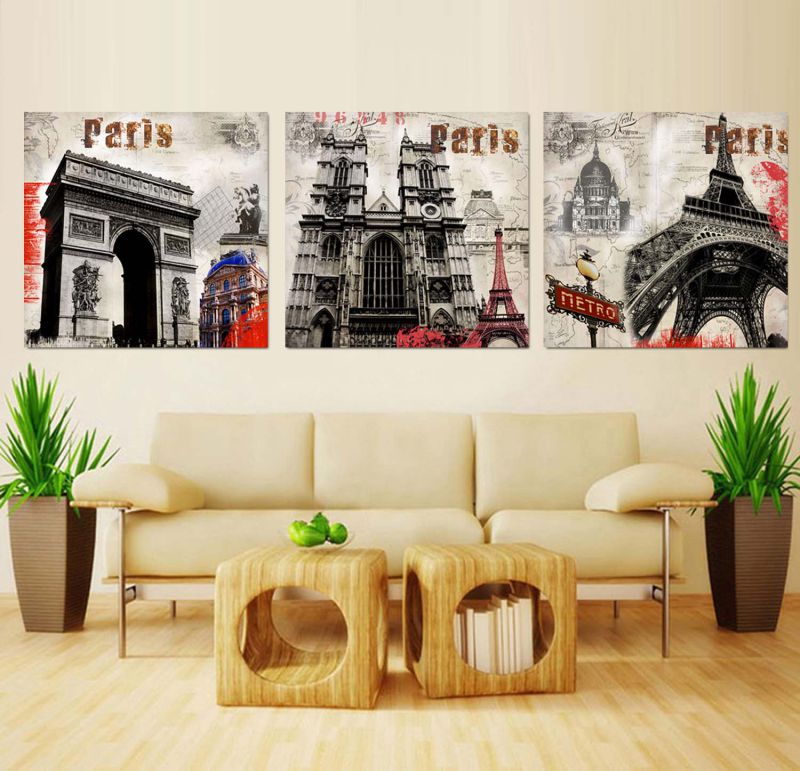 3 Panel Wall Art Oil Painting Paris Painting Home Decoration Canvas Prints Pictures for Living Room Framed Art Mc-261