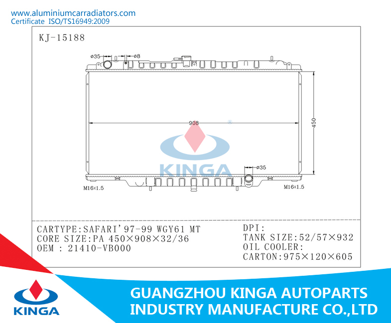 Auto Nissan Radiator of Safari' 97-99 Wgy61 Mt OEM 21410-Vb000 in Low Price