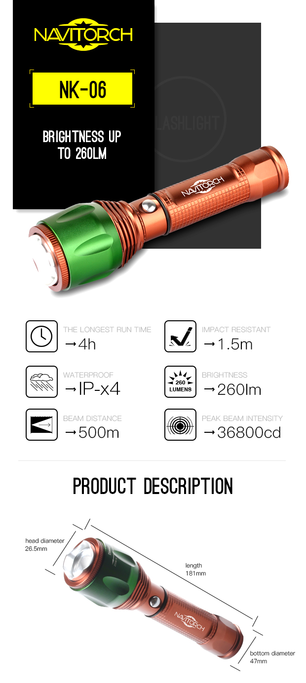 260 Lumens Zoomable Rechargeable LED Torch (NK-06)