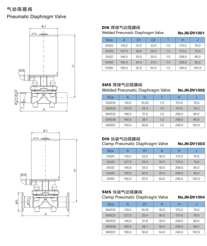 Stainless Steel Food Grade Pneumatic Tank Bottom Diaphragm Valve (JN-DV1002)