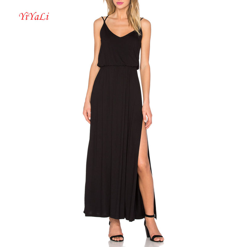 Black Criss Cross Back Side Slip Maxi Dress