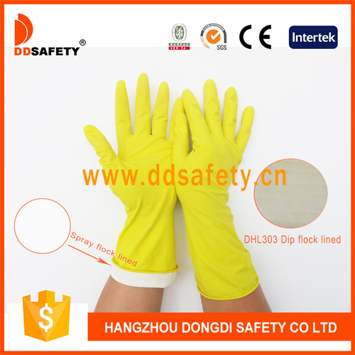 Yellow Household Latex Spray Flock Lined Scalloped Cuff Household Working Glove DHL423