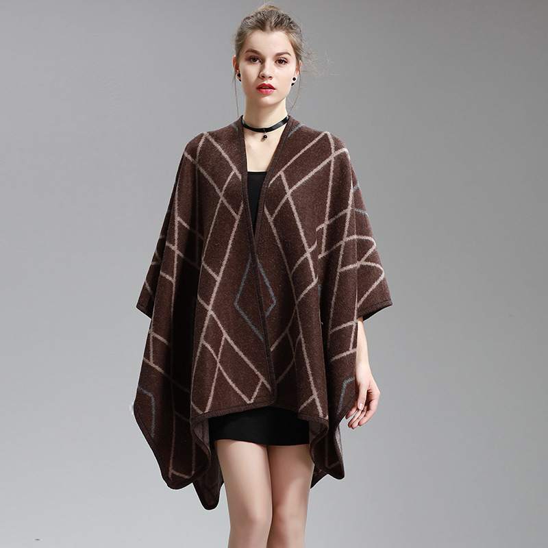 Womens Cashmere Feel Checked Diamond Printing Fancy Cape Stole Poncho Shawl (SP290)