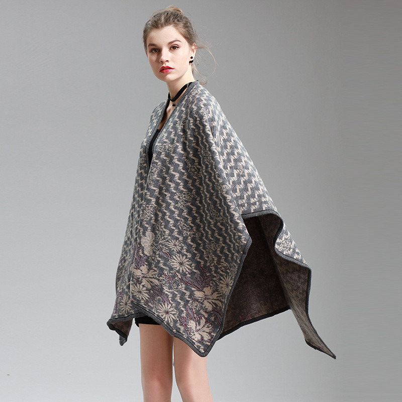 Womens Cashmere Feel Wave Printing Fancy Cape Stole Poncho Shawl (SP295)