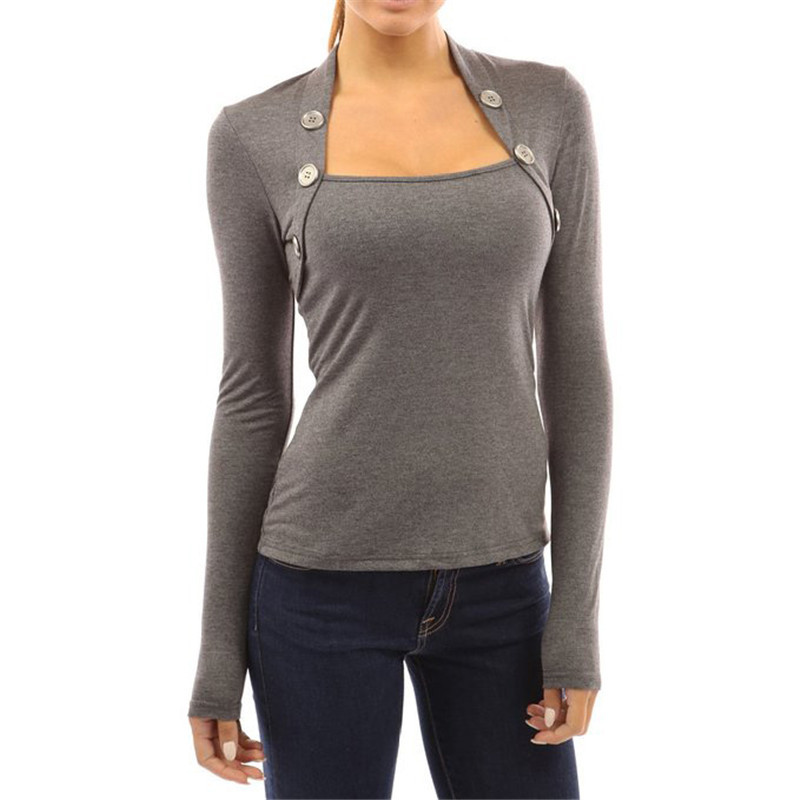 Women Long Sleeve Undershirt with Buttons Cotton Pure Color T Shirt