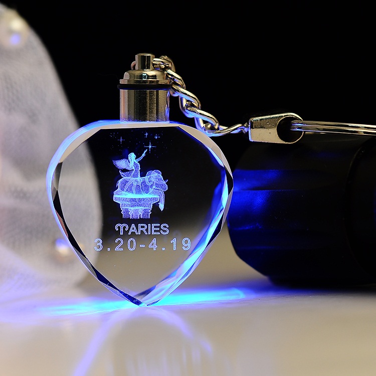 Promation Laser Engraved Heart Shaped Crystal LED Keychain Glass Gifts