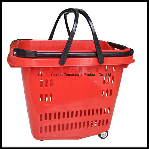 Suzhou Yuanda Factory Price Supermarket Plastic Large Rolling Shopping Basket with Long Handle